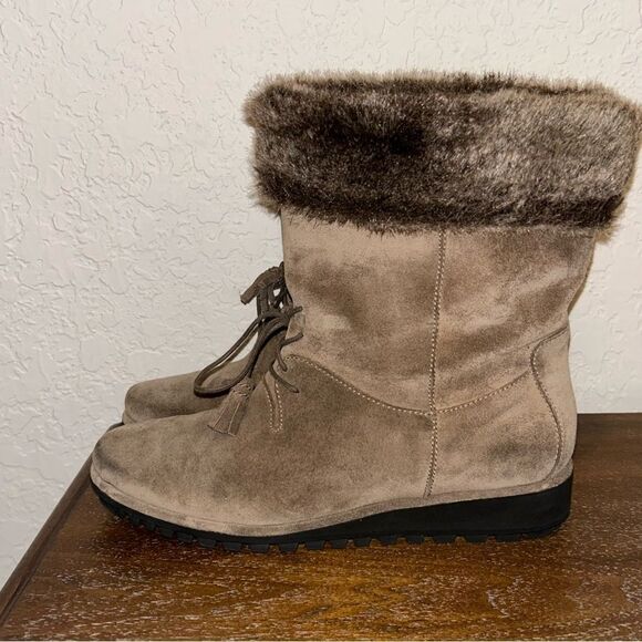 Stuart Weitzman Sockette Suede Leather Faux Fur Wedge Boot Shoes - Picture 6 of 12